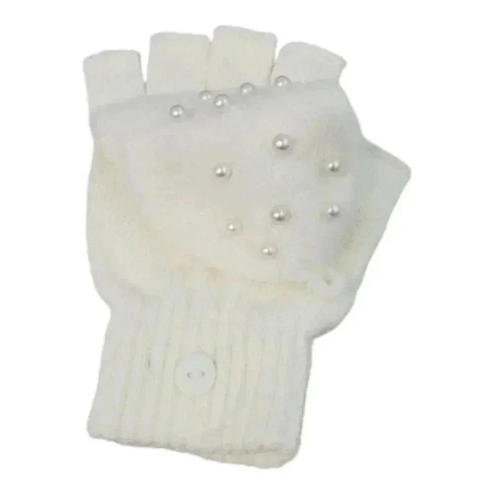 White Knit hat with Super Pom and Faux Pearl Accents Hat and Fingerles Glove set